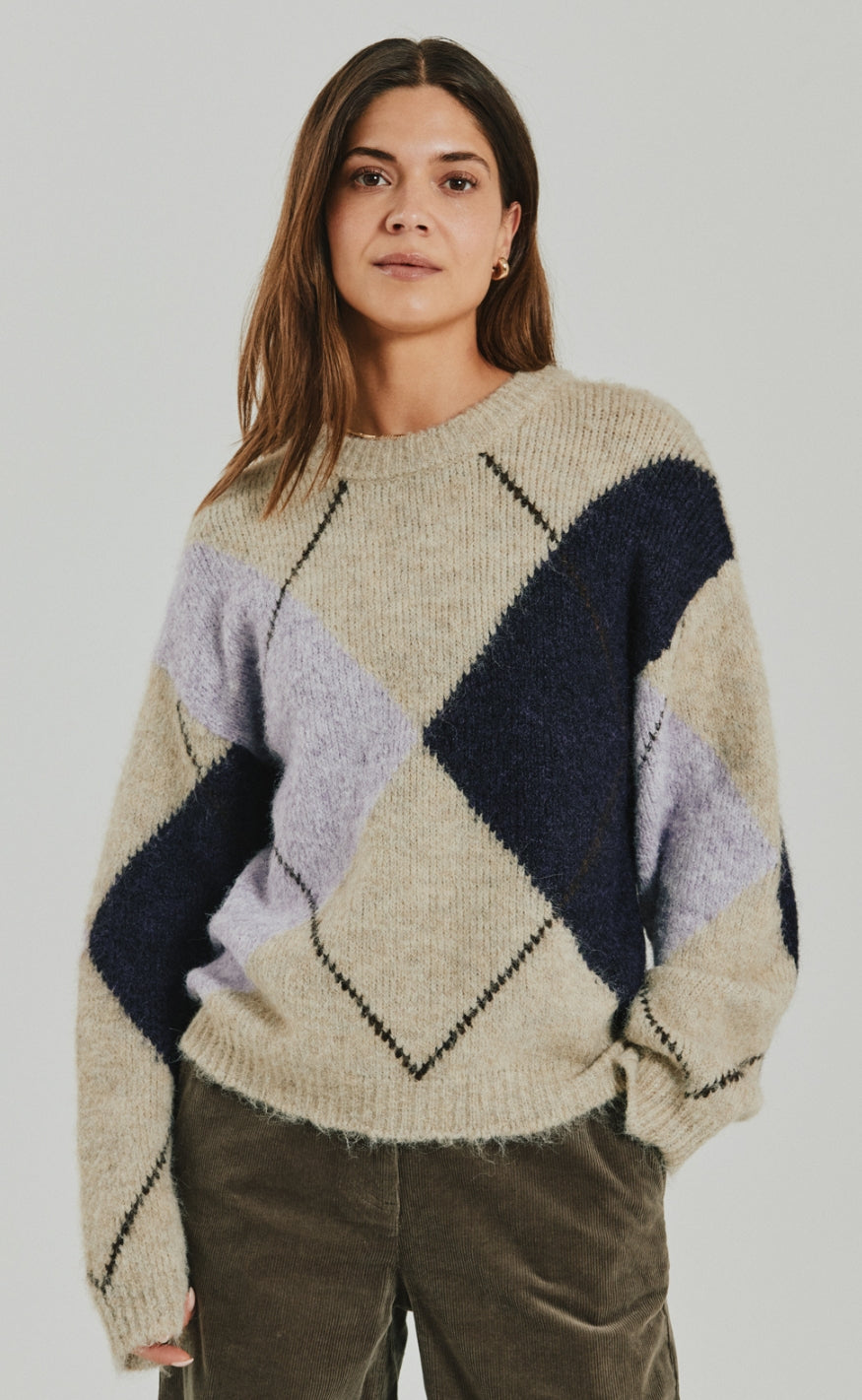 Freequent Genser - Grslulu Argyle - Oyster Grey Mel w. Iris Mel.